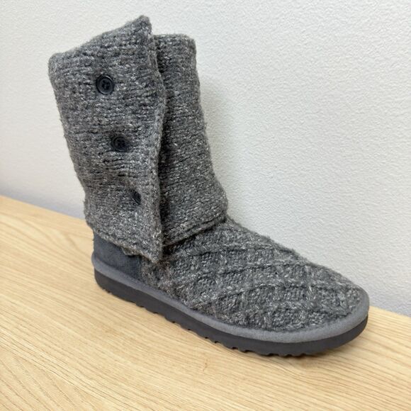 UGG Knit Boots Womens 7 Cardy Tall Sock Sweater Gray Lattice Australia Wool - Picture 6 of 13